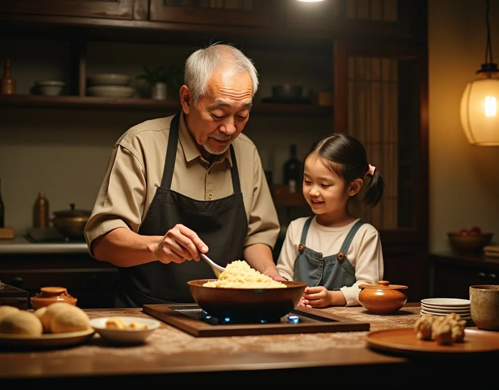 Grandfather and young granddaughter cooking together in traditional Japanese kitchen