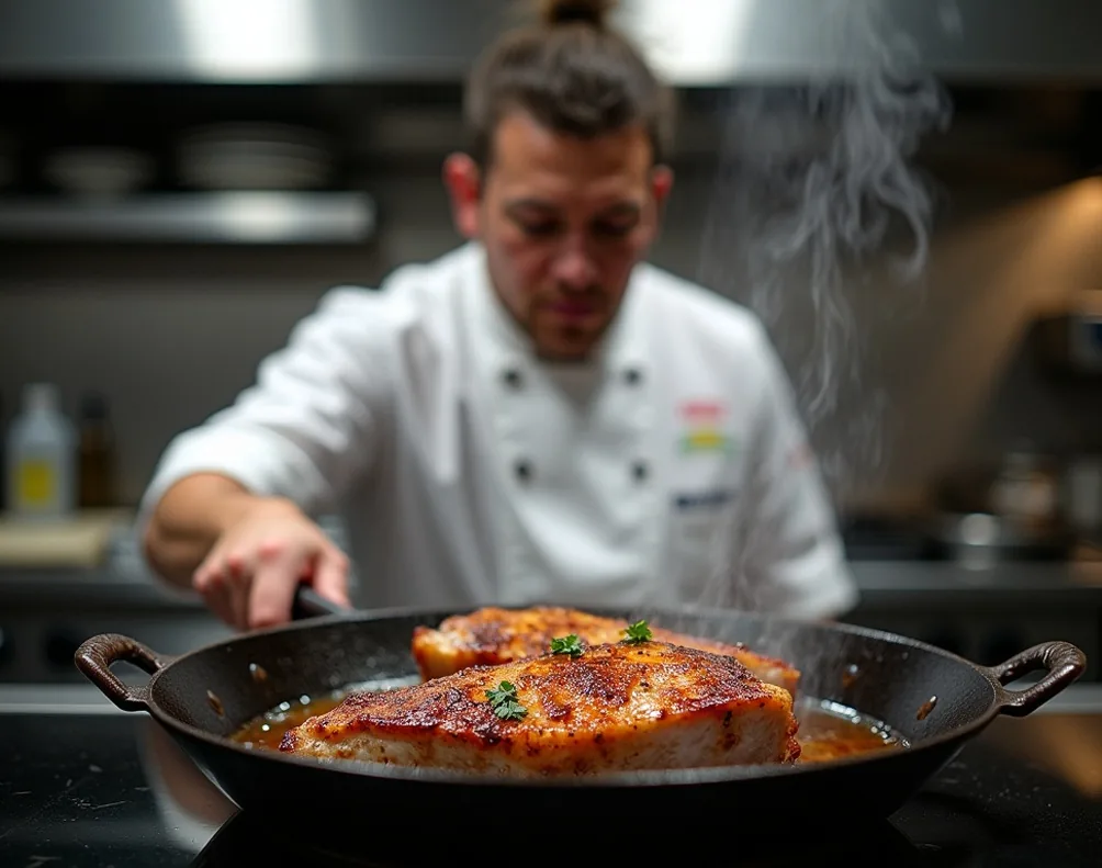 Professional chef searing duck breast in cast iron skillet in restaurant kitchen