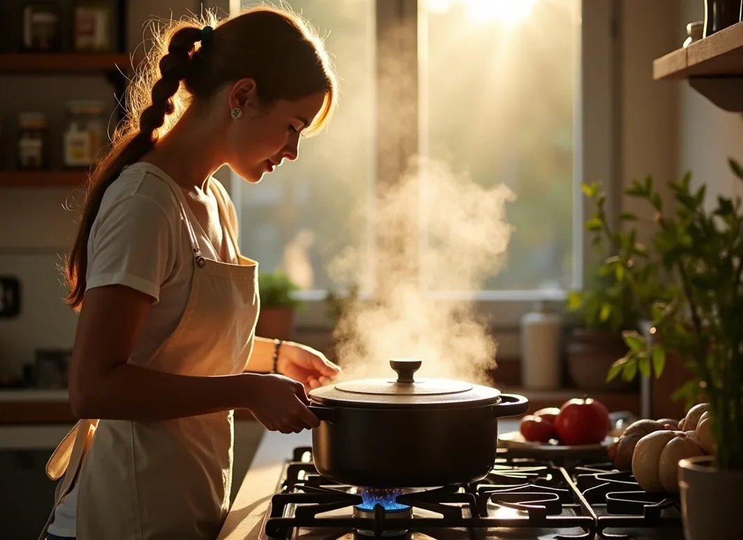 Woman in linen apron lifting lid of cast iron dutch oven on gas stove with steam