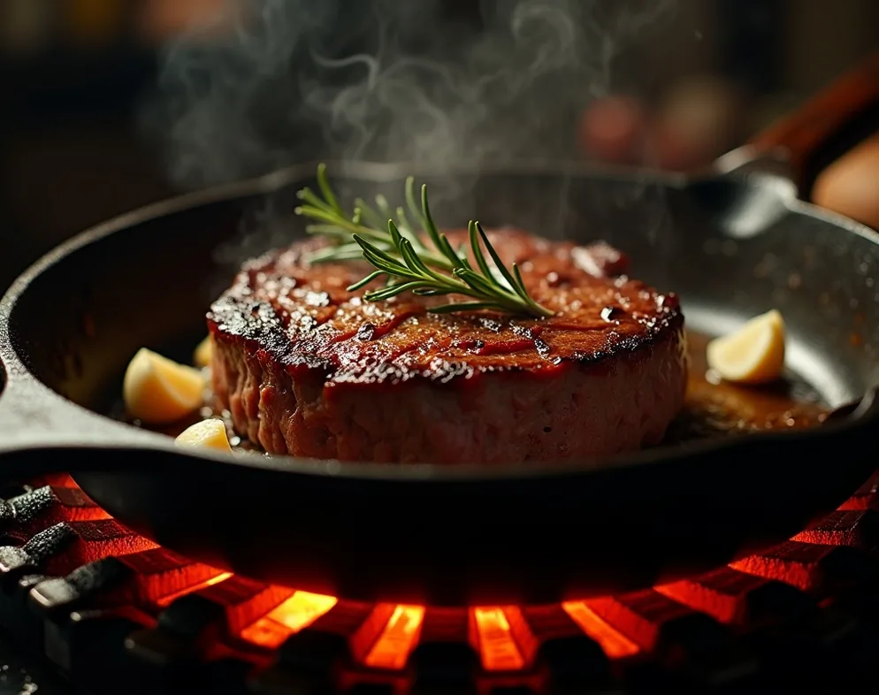 Cast iron skillet searing a thick ribeye steak with rosemary and garlic cloves
