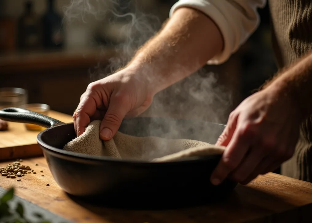 Weathered male hands seasoning cast iron skillet with flaxseed oil cloth