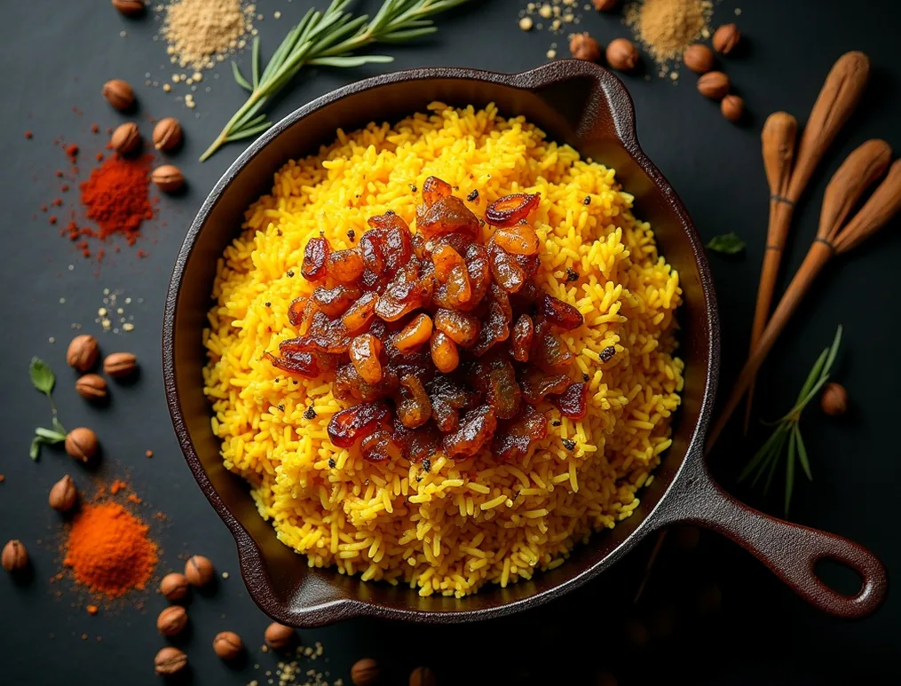 Overhead flat lay of cast iron kazan filled with golden saffron rice pilaf
