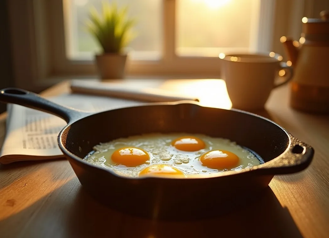 Early morning cast iron skillet on sunlit countertop with eggs frying in browned butter