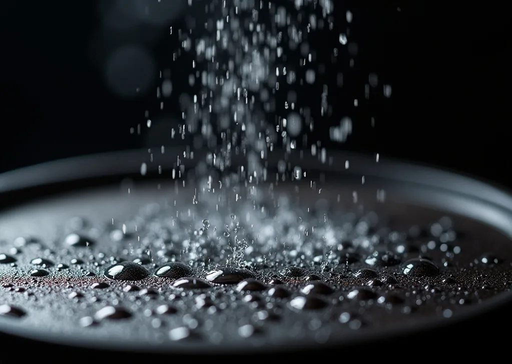Extreme close-up of water droplets evaporating on scorching hot cast iron surface