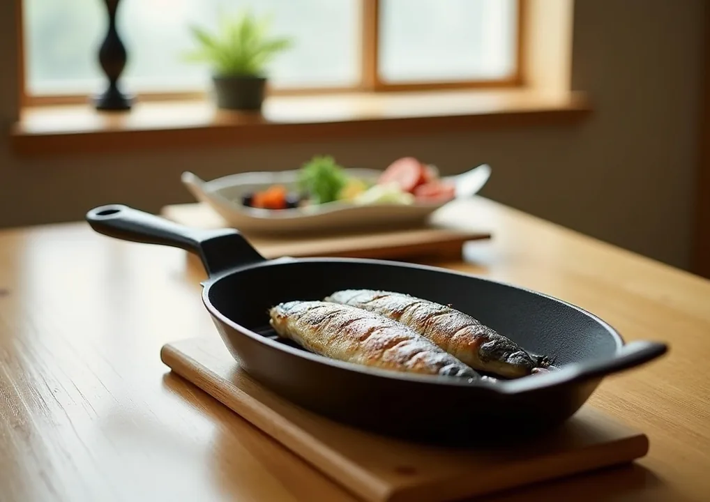 Cast iron oval grill pan on wooden trivet in minimalist Japanese kitchen