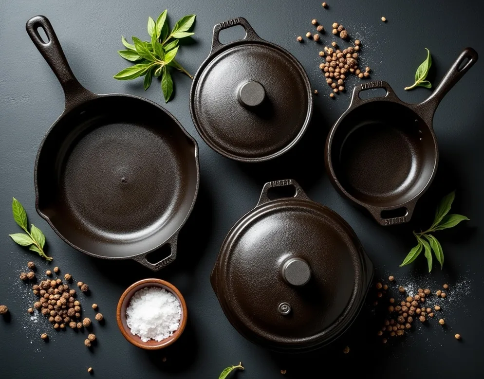 Multiple cast iron pieces arranged on dark slate surface top-down view