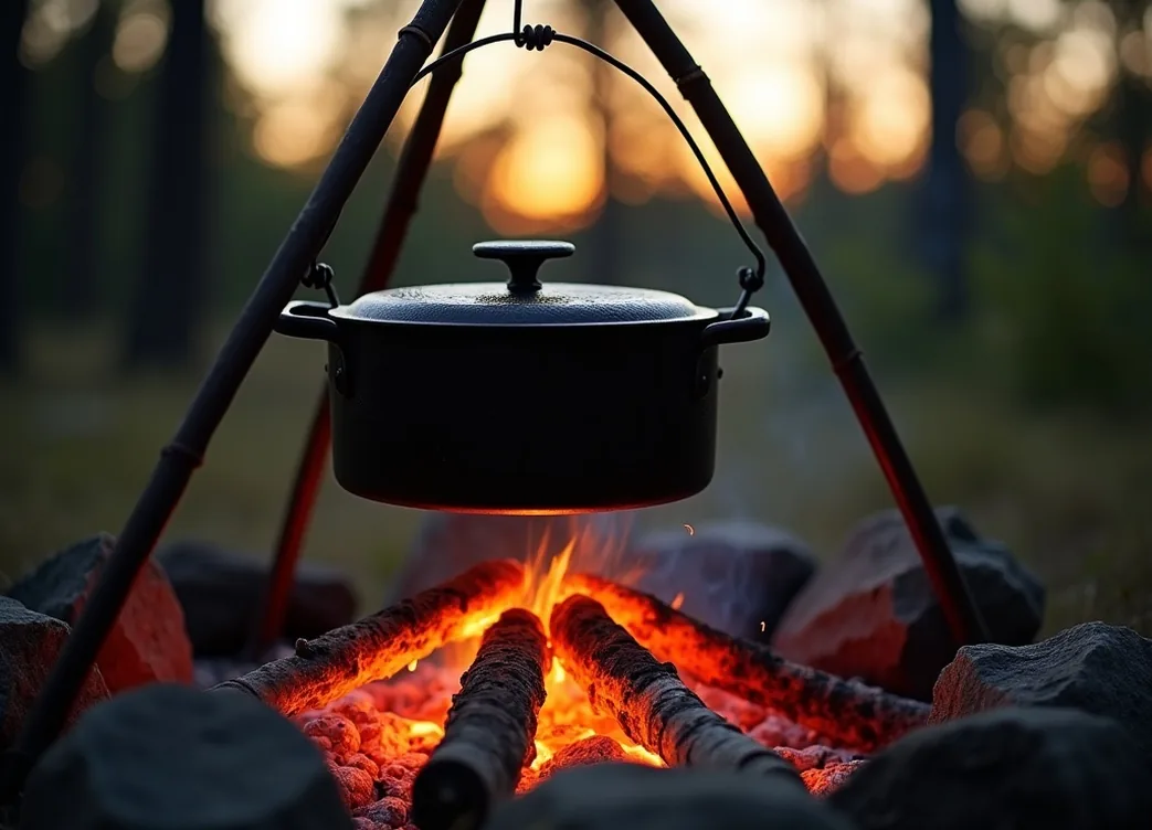 Rustic campfire scene with cast iron dutch oven suspended over glowing embers at dusk