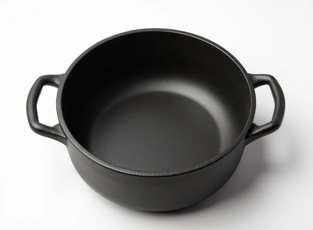 Large cast iron kazan deep pot with lid in top-down flat lay studio composition
