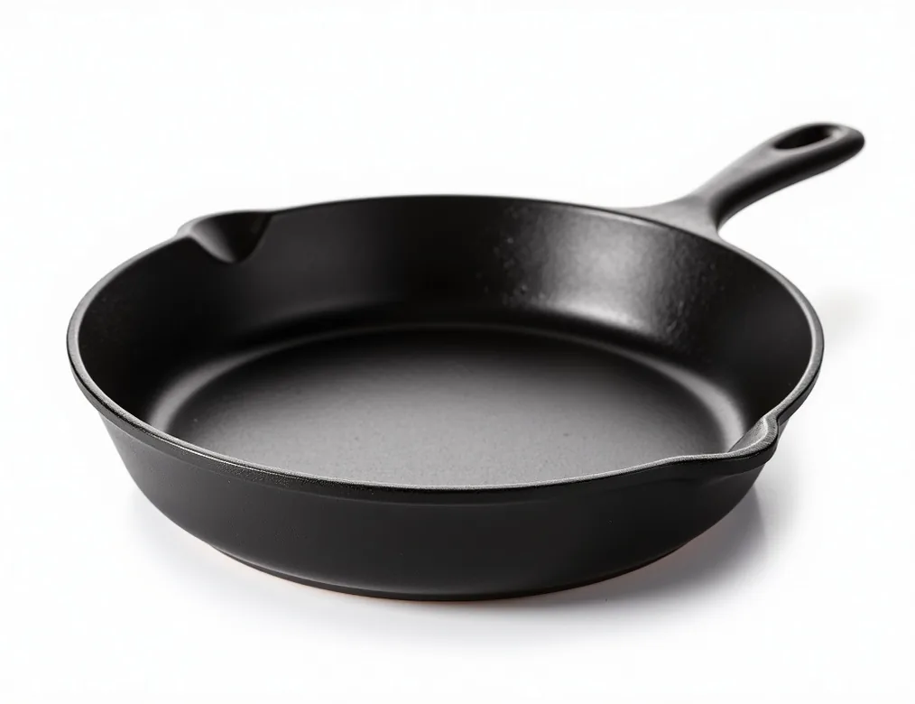 26cm cast iron skillet studio shot from 45-degree angle with warm lighting