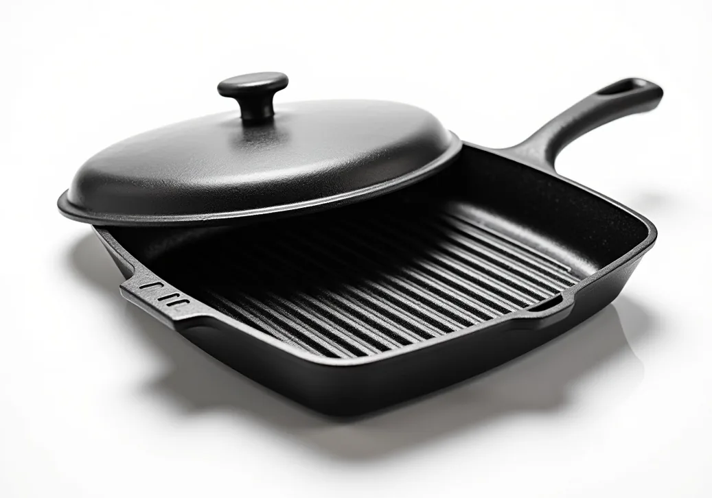 Oval cast iron grill pan with lid removed and placed beside it in studio setting